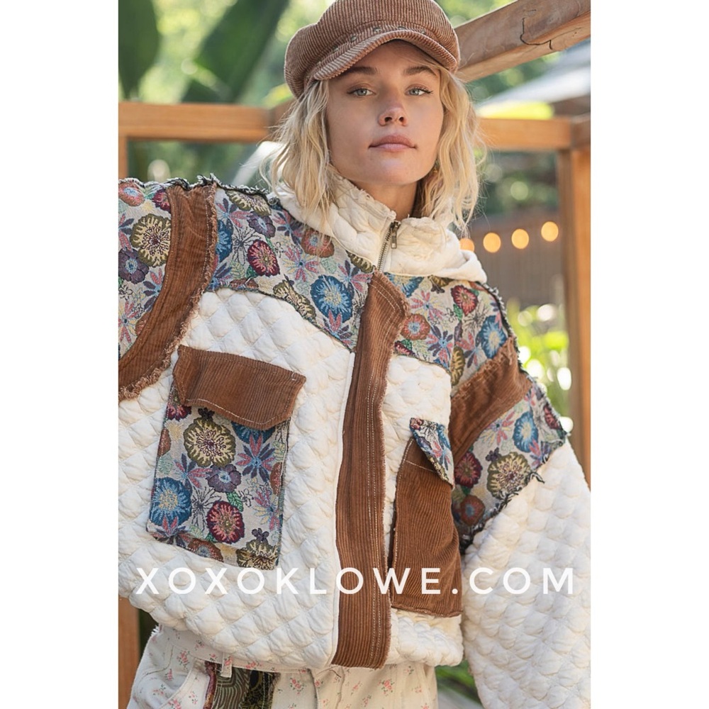 POL Cream Quilted Zip Up Jacket with Floral Jacquard & Corduroy Contrast - Picture 3 of 9